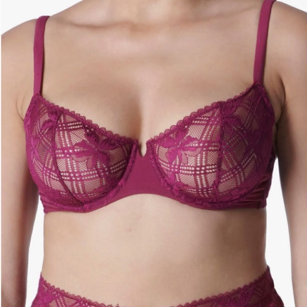 SIMONE PERELE Victoire Lace Demi Underwire Bra Half Cup Burgundy 34B 34C New